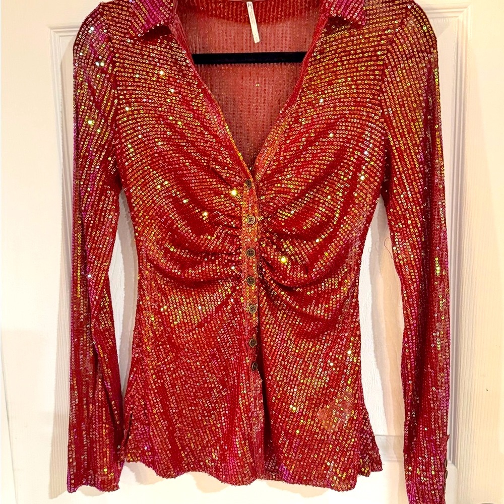 Free People Shimmering Red Sequin Blouse